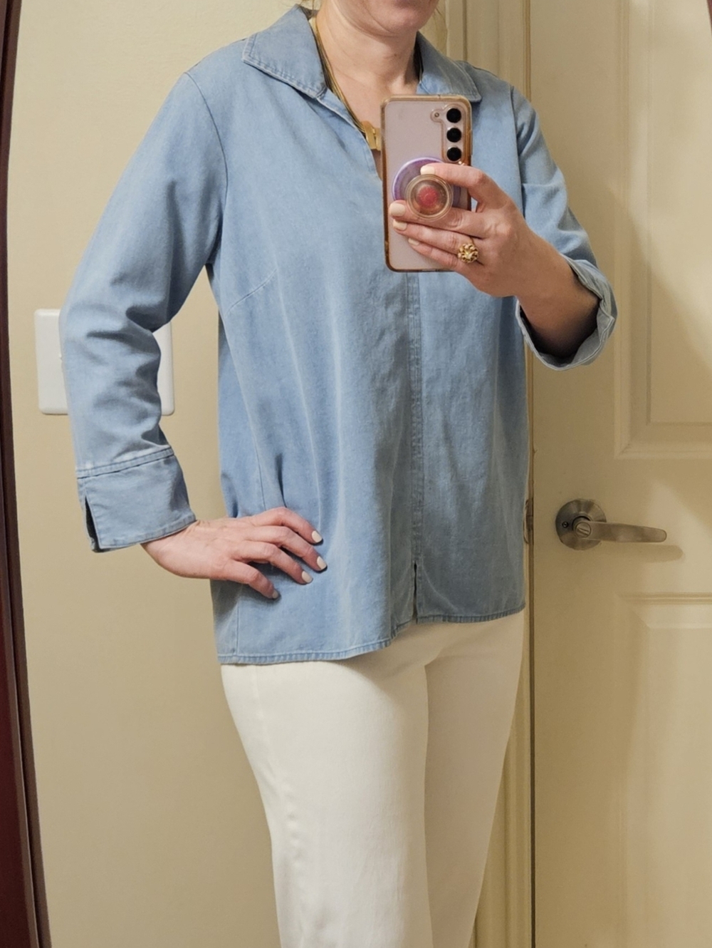 Foxcroft Agnes Tencel Denim Popover Top 3/4 Sleeve Blue XS Soft Lightweight